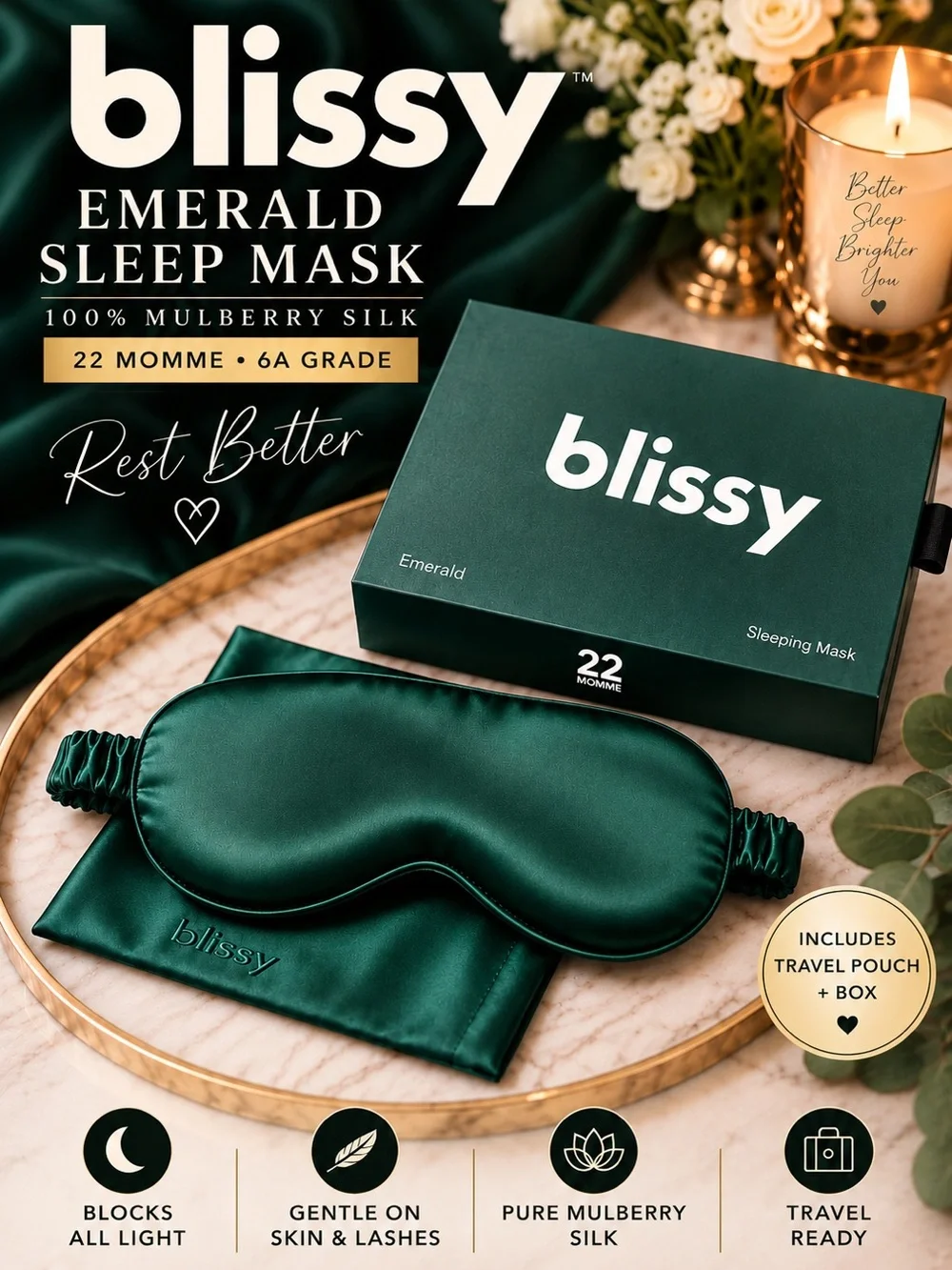 Blissy Emerald 100% Mulberry Silk Sleep Mask 22 Momme w/ Box & Pouch
